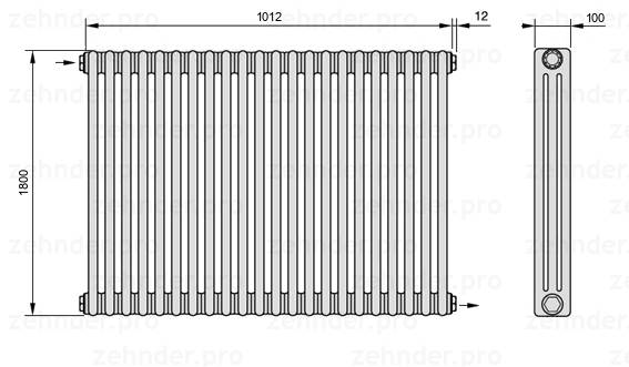 Схема (чертеж) Радиатор Zehnder Charleston 3180/22 №1670 Белый глянцевый RAL 9016